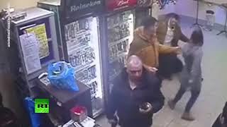 Standing after one punch, on the floor after two: Woman knocks out aggressive customer (DISTURBING)